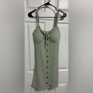 Sage Green Ribbed Button Front Mini Dress Cottagecore Boho Summer Sundress